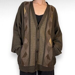 Vintage Wool Cardigan Sweater Brown Eclectic Grandpa Slouchy Academia Size XL